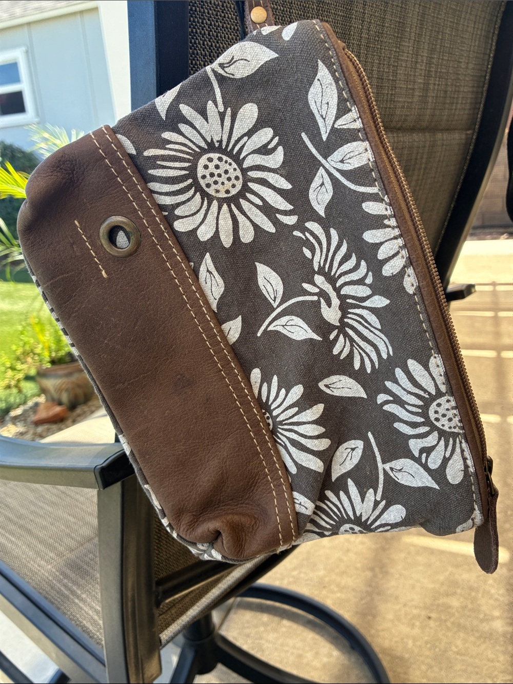 Myra Bag Brown Canvas Floral Wristlet Clutch with Leather Trim